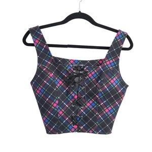 NWT M Current Mood Plaid Corset Bustier Lace Up Pink Black Blue Crop Dolls kill